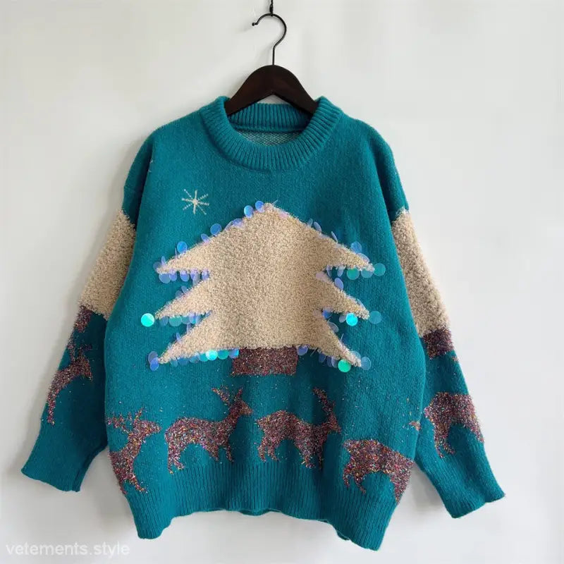 Teal Christmas sweater handmade with beige tree and glittery reindeer design
