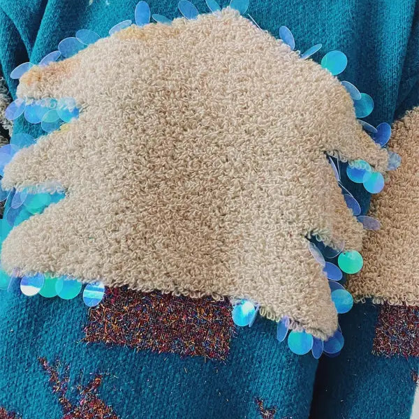 Teal Christmas sweater handmade with fuzzy beige Christmas tree appliqué and blue sequins