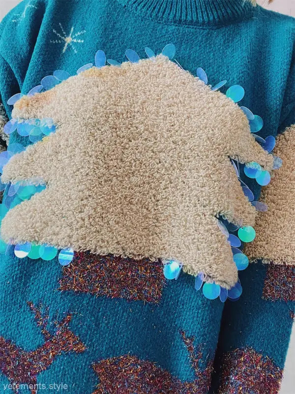 Teal Christmas sweater handmade with fuzzy beige Christmas tree appliqué and blue sequins