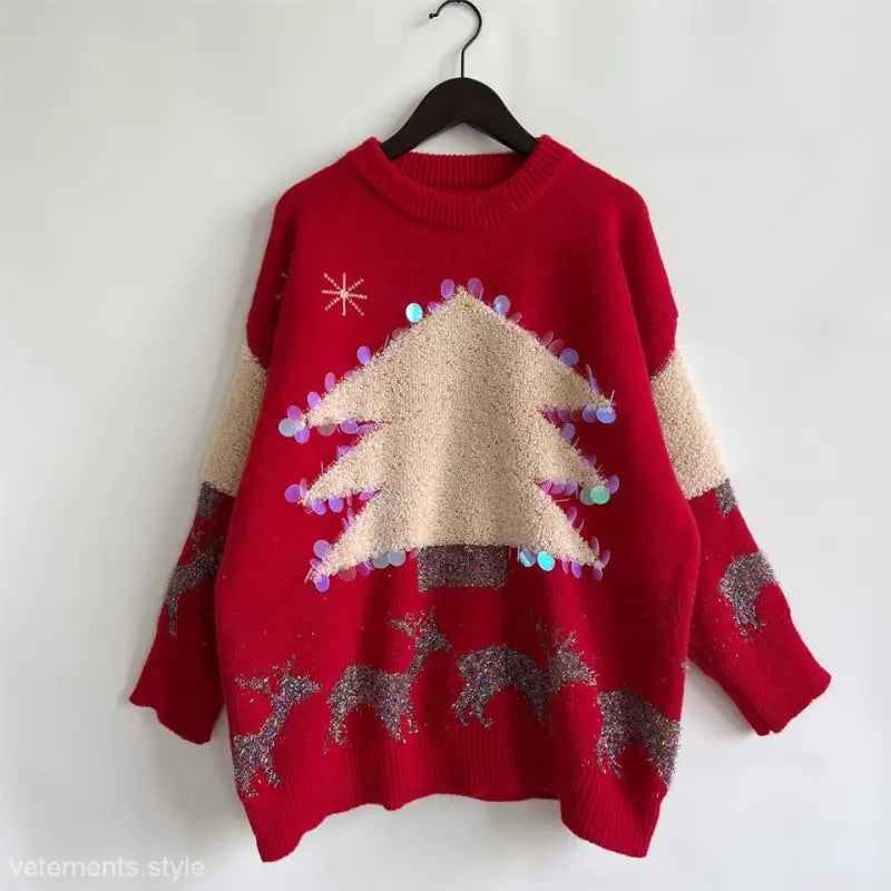Red Christmas sweater handmade with beige tree design and reindeer motifs for holiday fashion