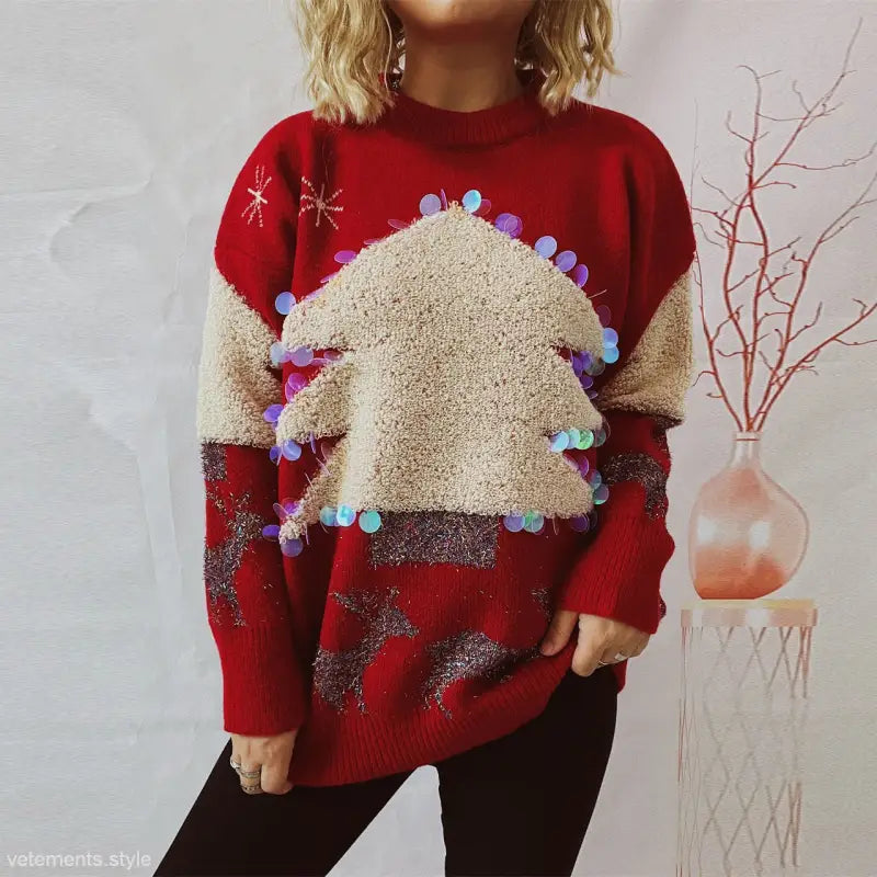 Handmade Christmas sweater with decorated tree design and colorful pom-poms for festive wear