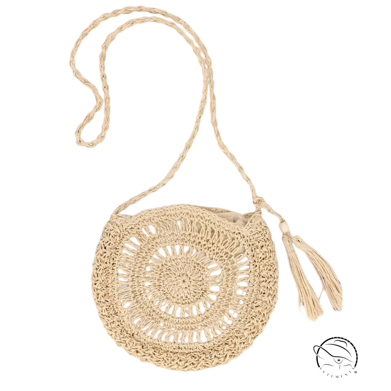 Handmade crochet bag in beige with light brown bow knot and tassel strap