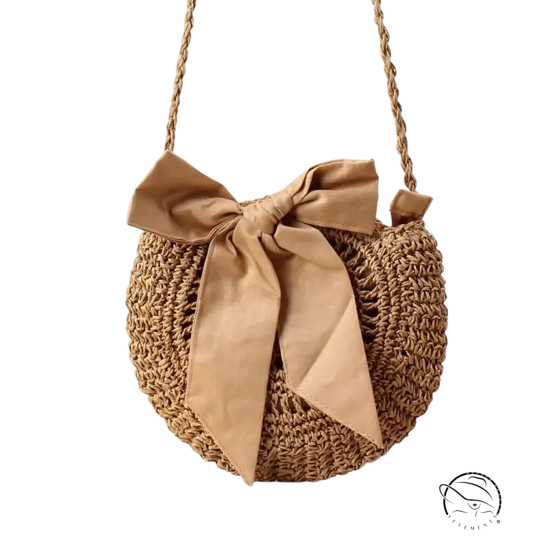 Handmade crochet bag with beige woven straw and light brown bow knot