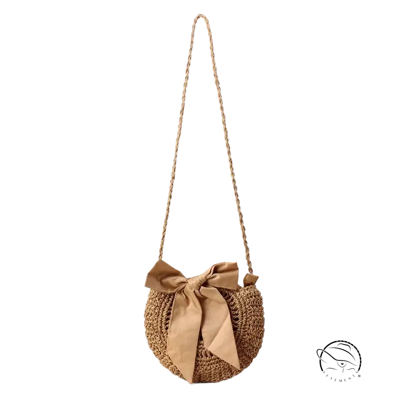 Handmade crochet bag with beige woven straw, light brown bow knot