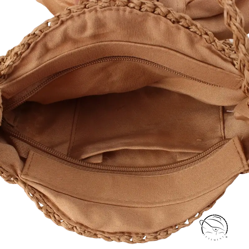 Handmade crochet bag with beige woven straw, light brown bow knot, zipper