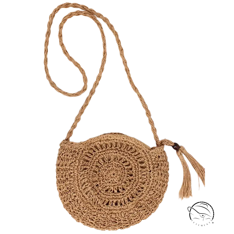 Handmade crochet bag with light brown bow knot in beige woven straw