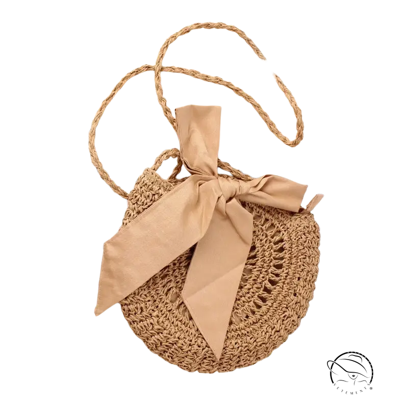 Handmade crochet bag with beige woven straw and light brown bow knot