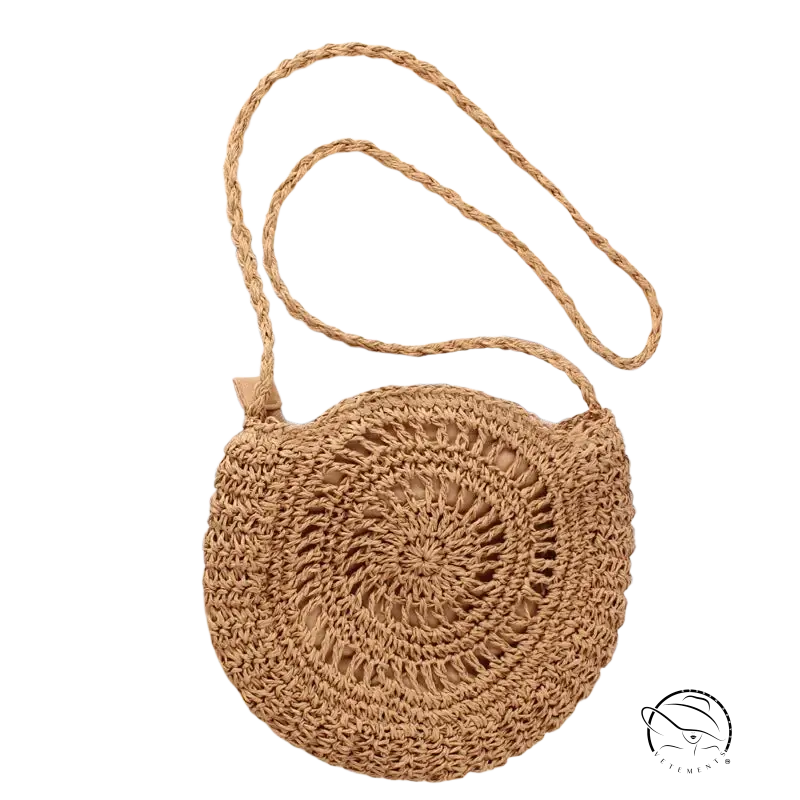 Handmade crochet bag with light brown bow knot in beige woven straw