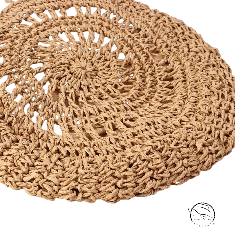 Handmade crochet bag with light brown bow knot and beige crocheted hat