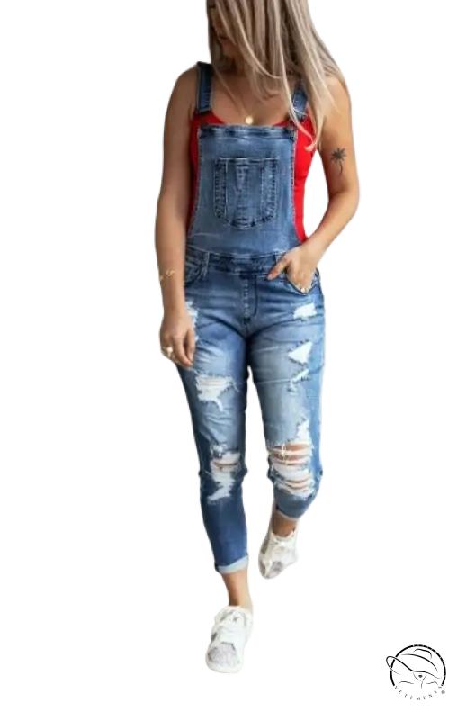 Hanna stretch denim high-rise overall trousers with red tank top and white sandals