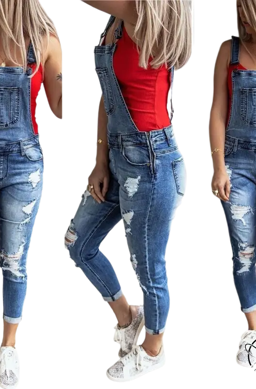 Hanna stretch denim high rise overall trousers with red top