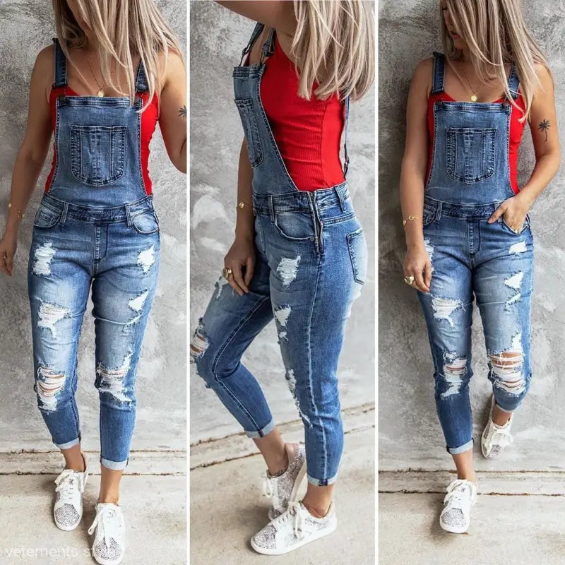 Women’s distressed Hanna Stretch Denim High Rise Overall Trousers with red top for casual wear