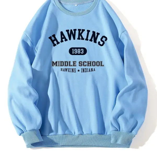 Light blue Hawkins Cute Sweater for Fall Winter Korean style with printed text