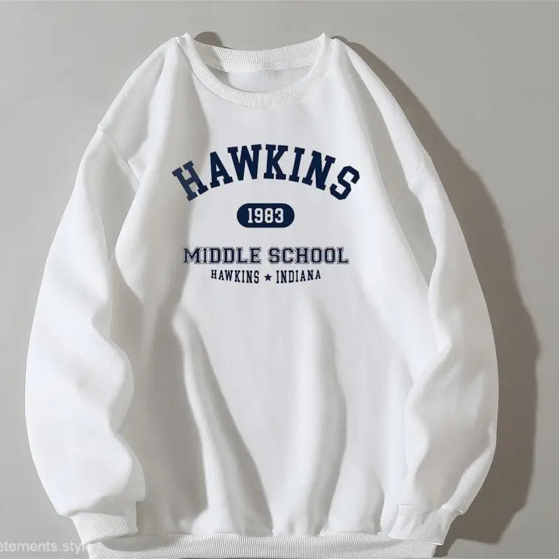 White sweatshirt featuring Hawkins Middle School text, perfect for Fall Winter Korean style