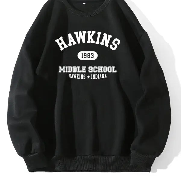 Black Hawkins Cute Sweater for Fall Winter Korean style with school logo on front