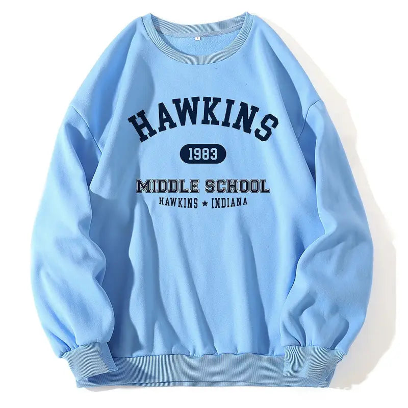 Light blue Hawkins Cute Sweater for Fall Winter Korean style, featuring school logo