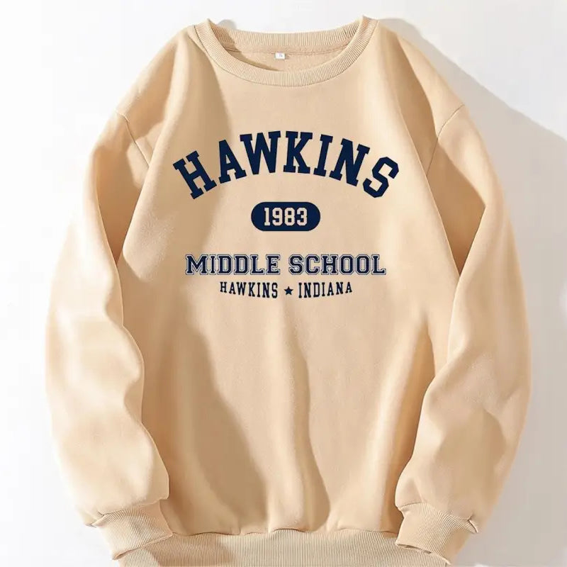 Beige Hawkins Cute Sweater featuring Hawkins Middle School print for Fall Winter Korean style