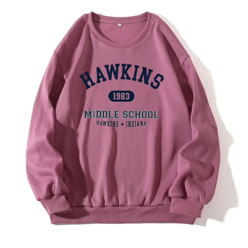 Pink Hawkins Cute Sweater featuring Hawkins Middle School print for Fall Winter Korean style