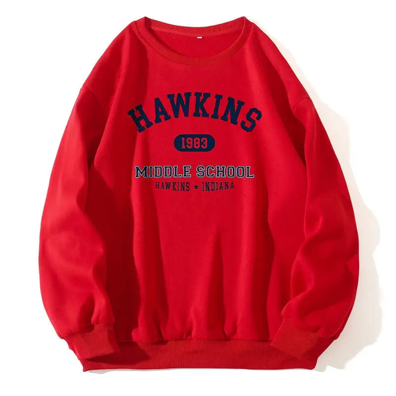 Red Hawkins Middle School sweatshirt in the Hawkins Cute Sweater for Fall Winter Korean fashion