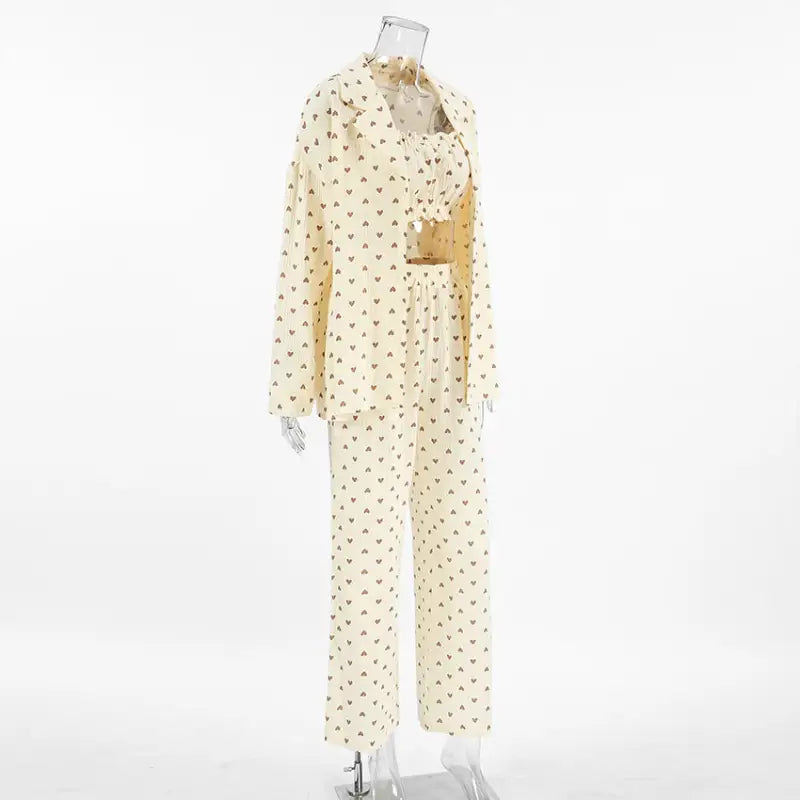 Pale yellow heart printing cotton pajamas set with long sleeve top and pants