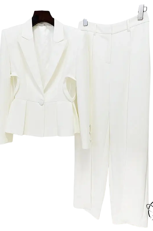 Heart shaped slim fit elegant white women’s pantsuit blazer and trousers