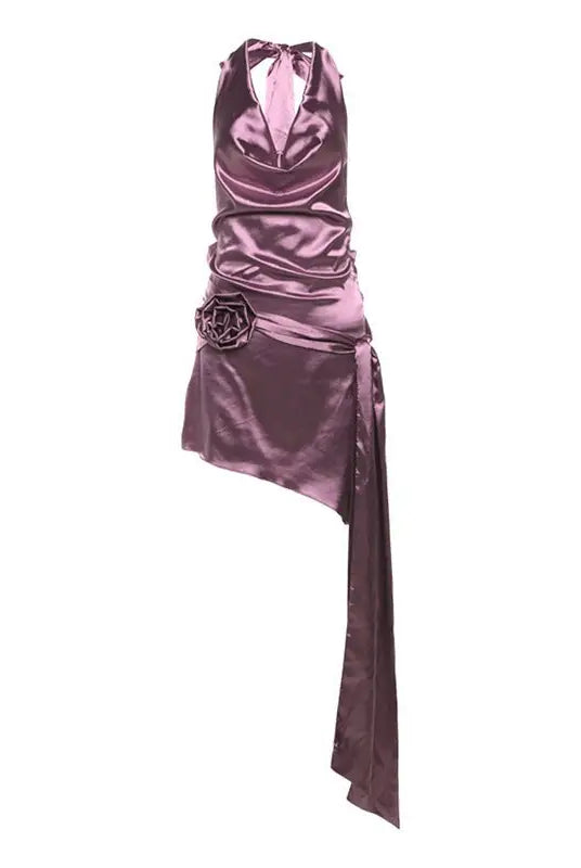 High grade halter dress with sleeveless shiny purple satin, ruched bodice, and floral accent