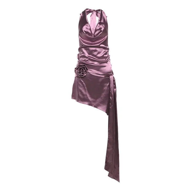 High grade halter dress with sleeveless shiny purple satin, ruched bodice, and floral accent