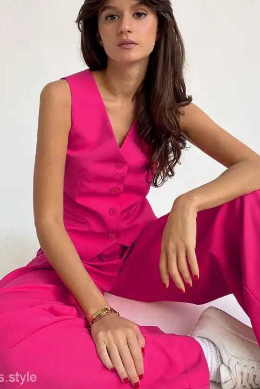 Hot pink sleeveless jumpsuit with wide-leg pants, showcasing high grade loose style