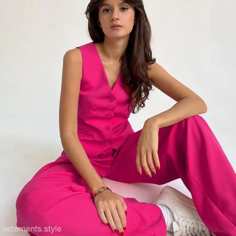 Hot pink sleeveless jumpsuit with wide-leg pants, showcasing high grade loose style
