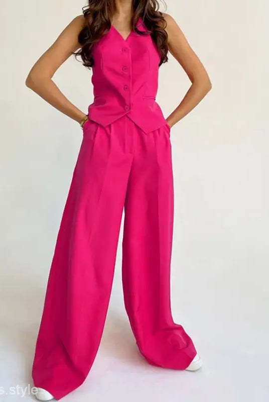 Hot pink sleeveless jumpsuit with wide-leg pants from High Grade Loose Polyester collection