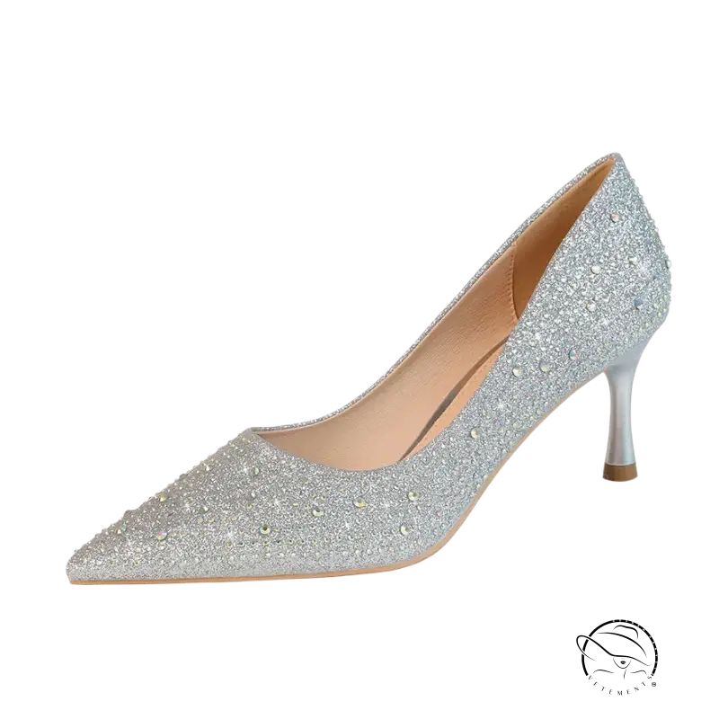 Silver glittery high heel nightclub pump with sparkling rhinestones