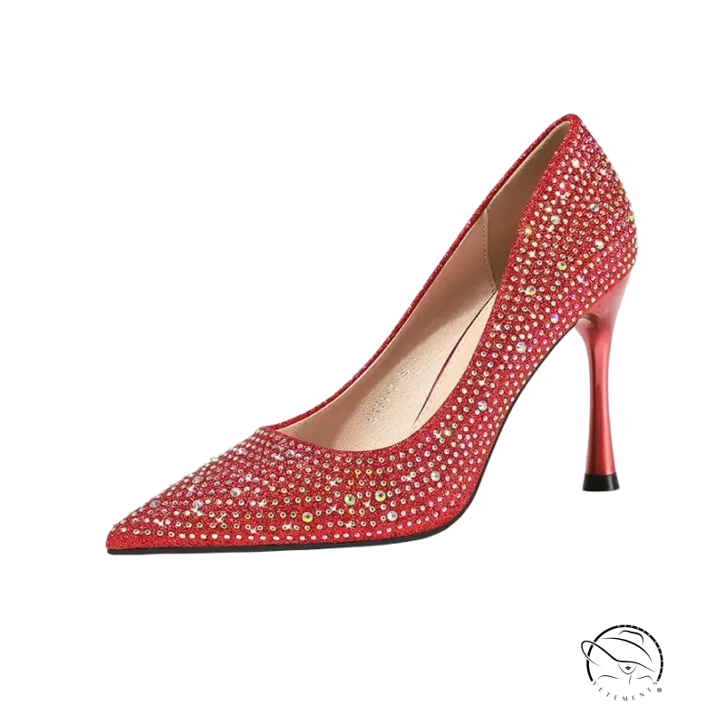 Red rhinestone-adorned high heel nightclub pump in sparkling PU design