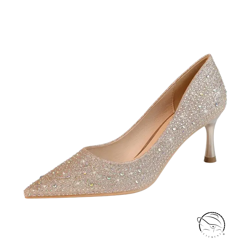 Sparkling champagne nightclub high heel pump with glitter and rhinestones