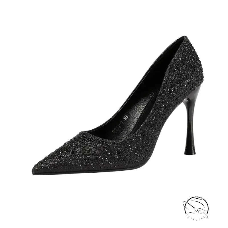 Black glittery nightclub high heel pump with pointed toe and slim stiletto