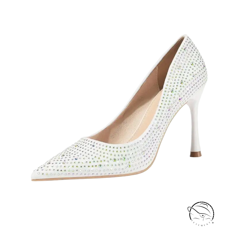 White rhinestone-embellished pointed-toe high heel nightclub pump
