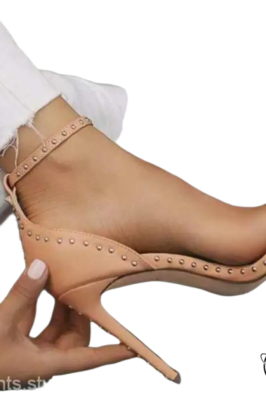 Beige studded leather high heel sandals with 8cm heel height and 3cm platform height