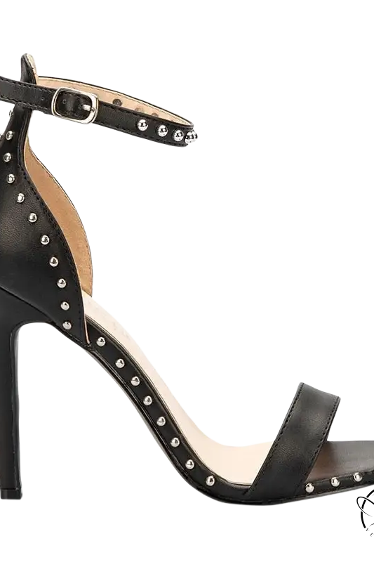 Black leather high-heeled sandals with 8cm heel height and 3cm platform height, silver studs