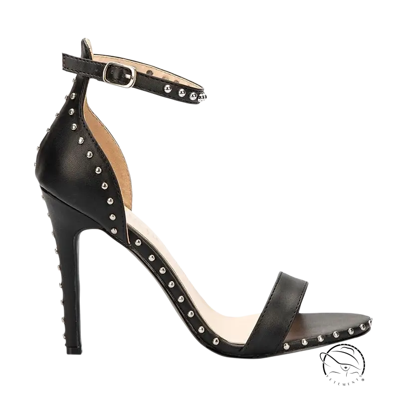 Black leather high-heeled sandals with 8cm heel height and 3cm platform height, silver studs