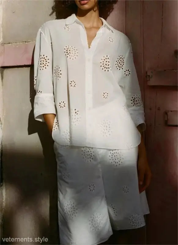 White eyelet lace shirt and skirt set with floral cutouts for high waist casual hollow style