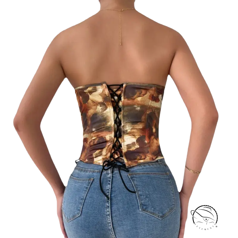 High waist corset top with steel ring boning, camo print, lace-up back, and jeans