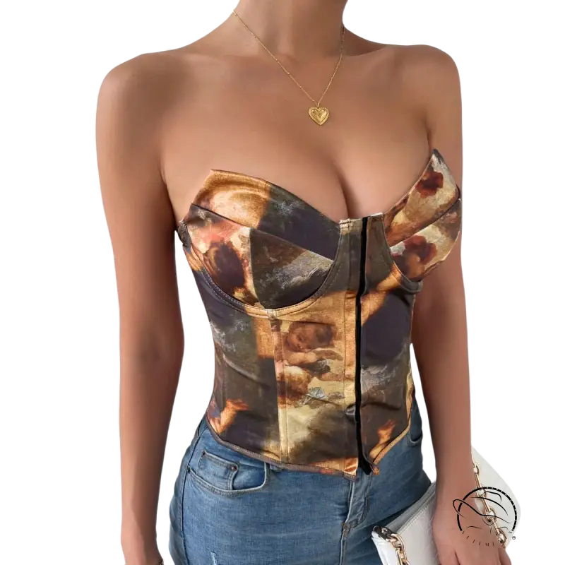 High waist corset top with steel ring boning and Renaissance print over blue jeans