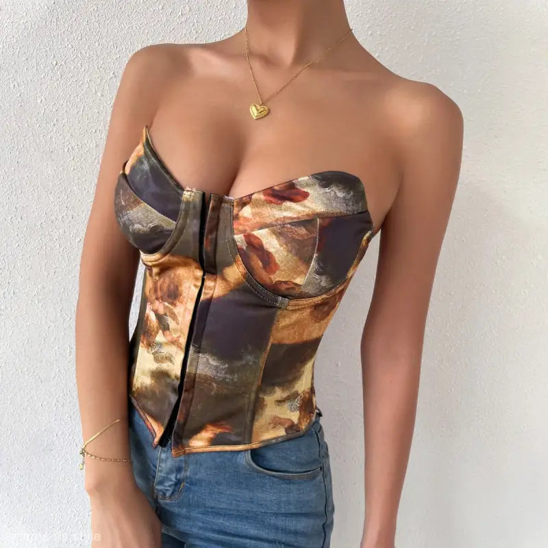 High waist corset top with steel ring boning and abstract painterly print in earthy tones