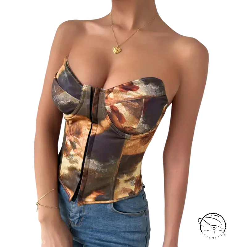 High waist corset top with steel ring boning and abstract earthy print