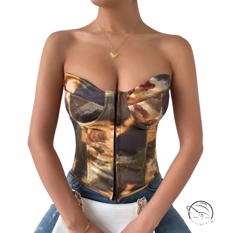 High waist corset top with steel ring boning and abstract gold blue pattern