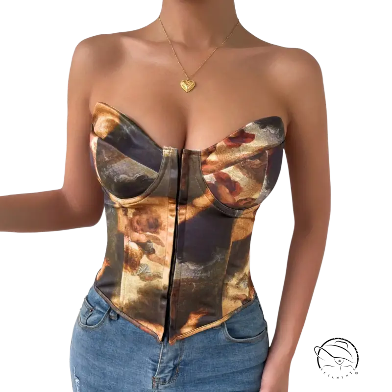 High waist corset top with steel ring boning and abstract earthy print