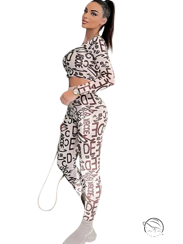 Elegant woman in high waist hip lift leggings with patterned athletic wear