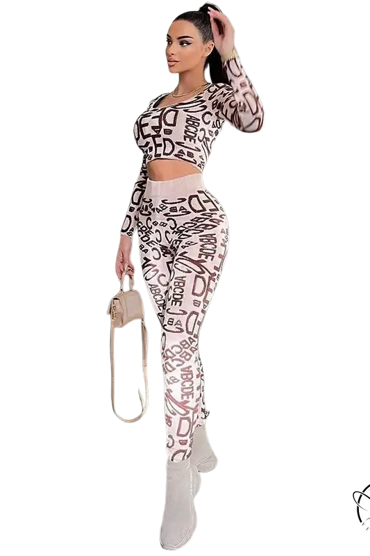 Elegant high waist hip lift leggings with letter-print crop top set