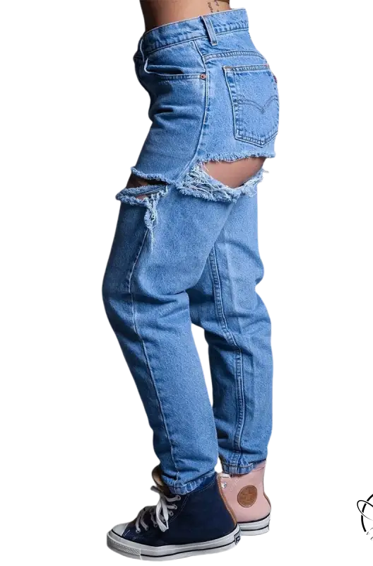 Distressed high waist loose jeans with ripped knees and frayed edges