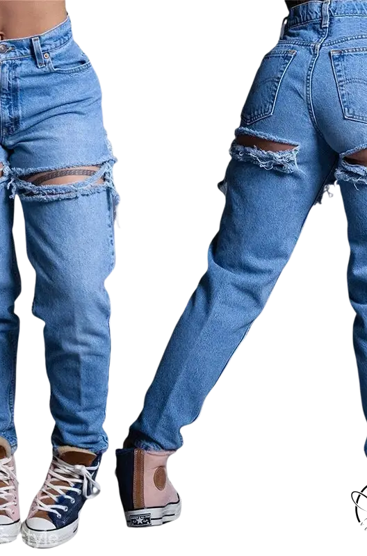 Distressed high waist loose jeans with ripped knees and frayed edges