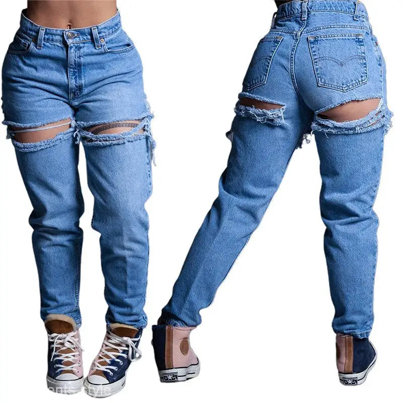 Distressed blue high waist loose jeans with ripped knees and frayed edges for stylish casual wear
